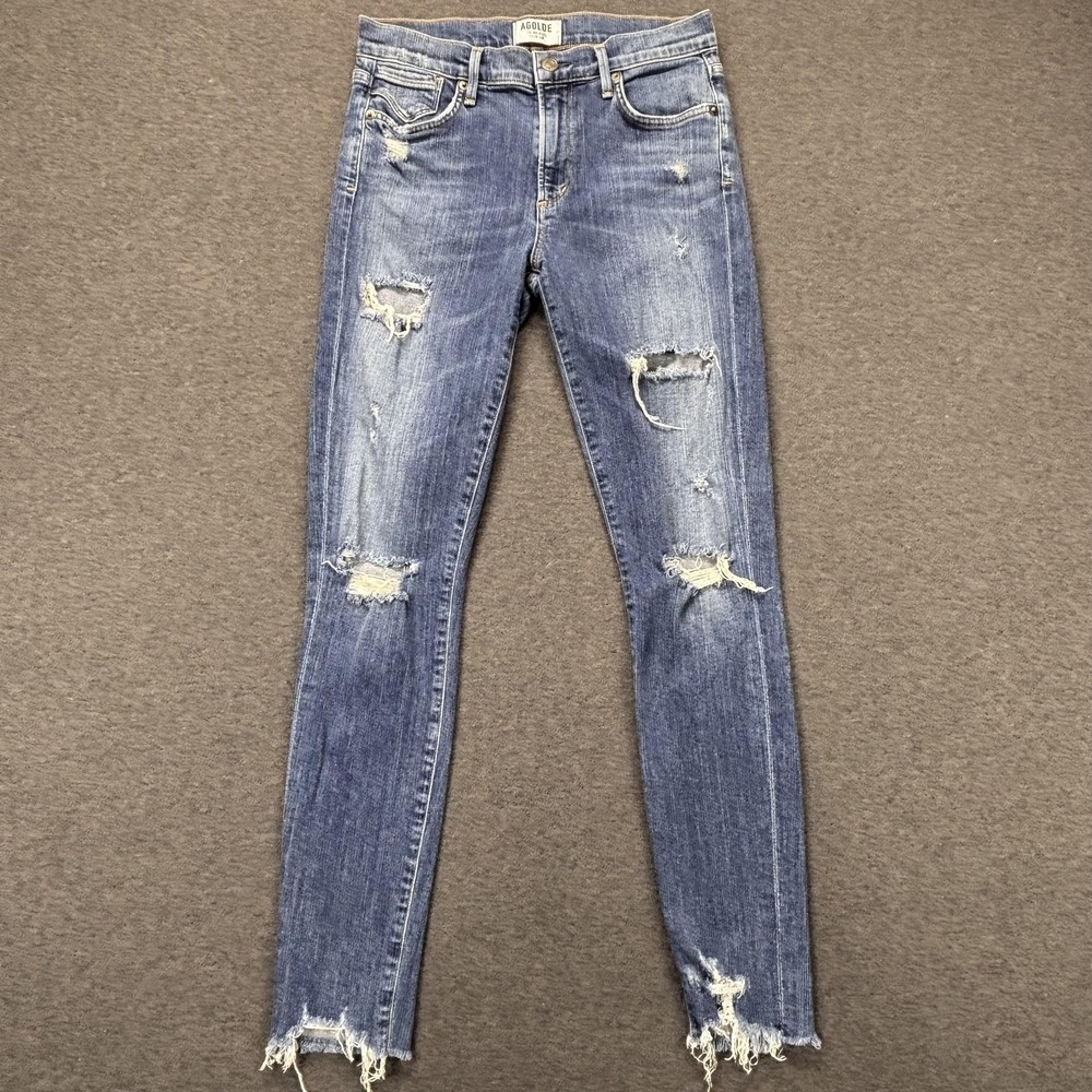 AGOLDE Jeans Womens 27 Blue Distressed Skinny Raw Hem Mid Rise 28x29‎ Made USA